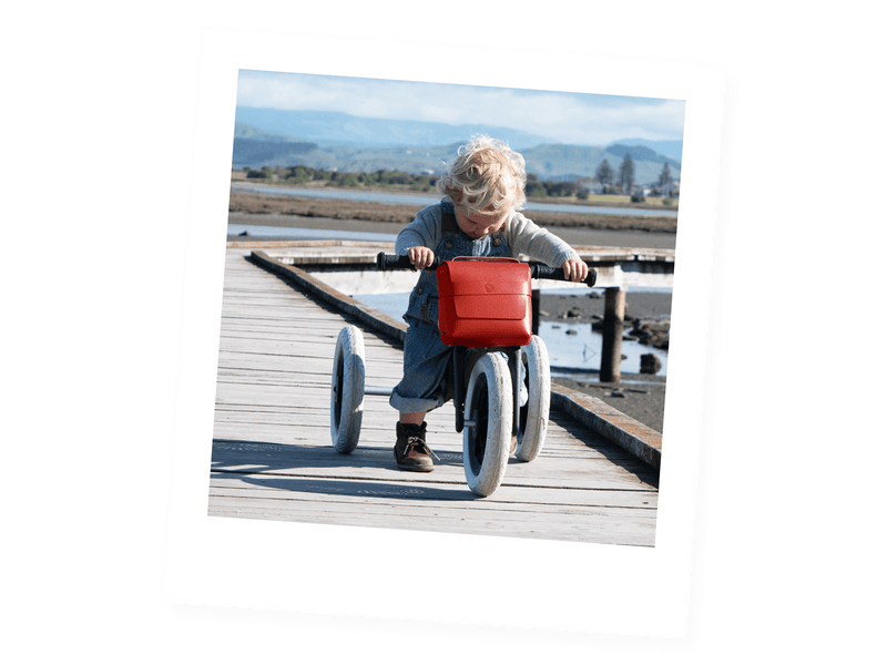 Red bike bag on wooden running trike