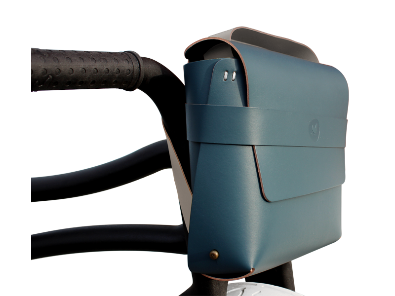 Blue bike bag front mounted on recycled bike
